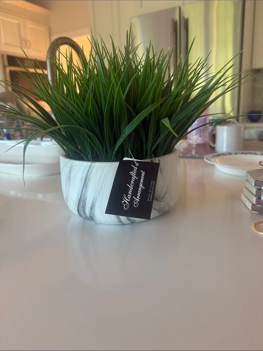 Decorative Green Artificial Grass in White Marble like Planter - Home Accents